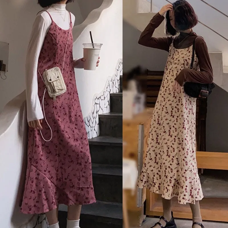 

Summer Women Retro Floral Sleeveless Dress Beach Style Holiday Slim Round Collar Long Dress