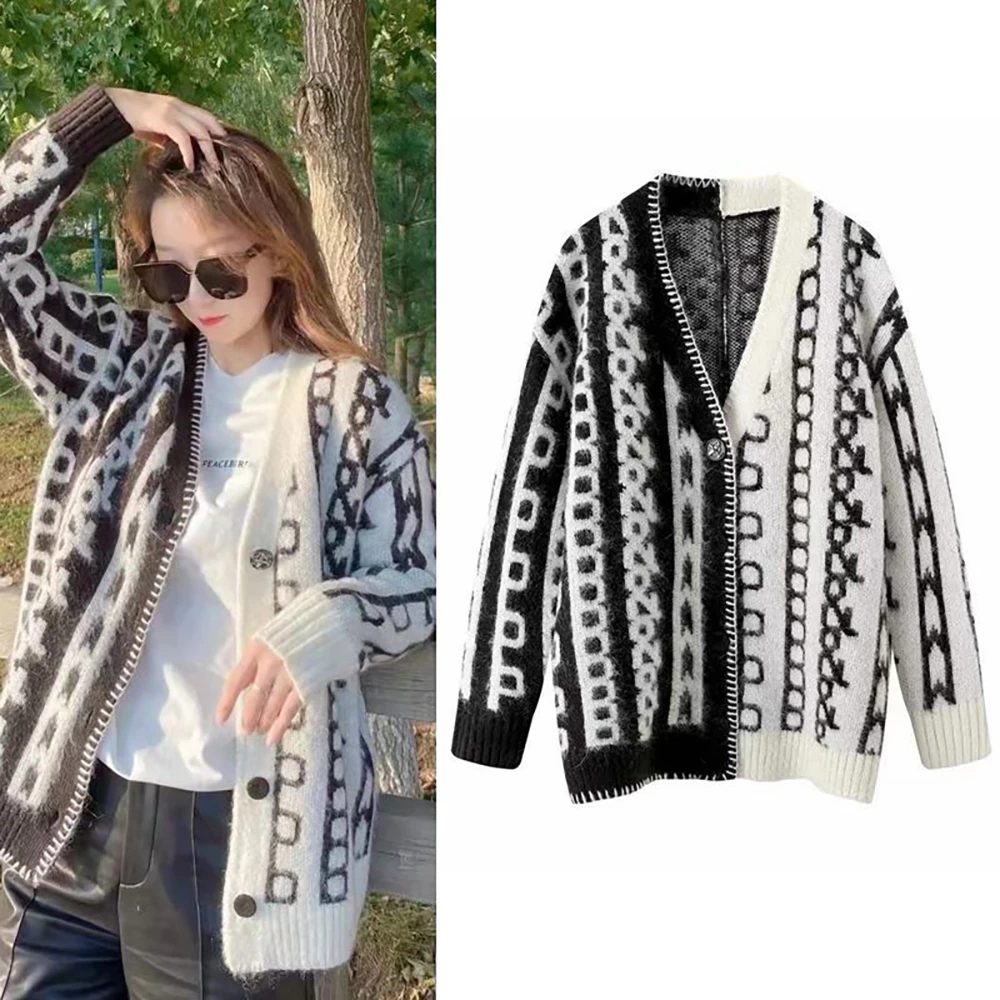

2021 Autumn Winter New V-Neck Medium Length Black And White Jacquard Loose Knit Sweater Coat Thick Warm Oversized Cardigan Women