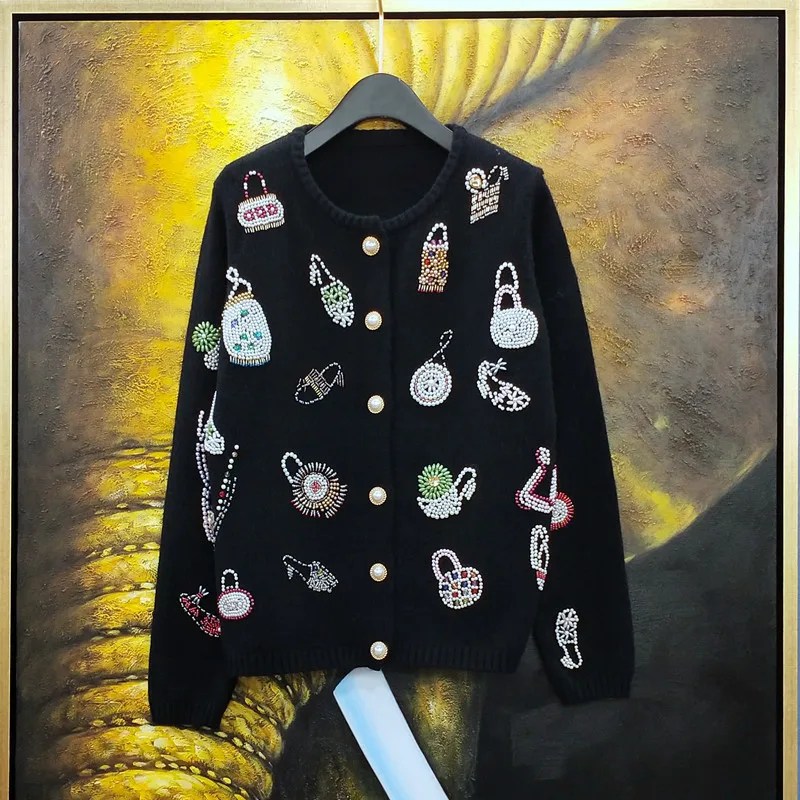 Женский зимний подиумный кардиган элегантный свободный теплый со стразами и