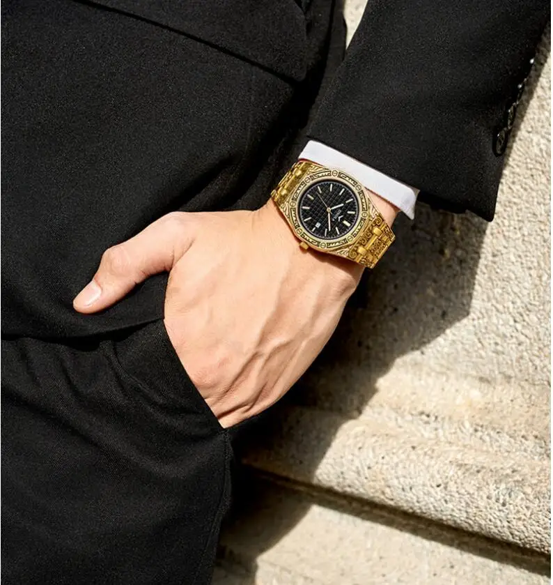 Для мужчин часы аналоговые кварцевые модные роскошные золотые