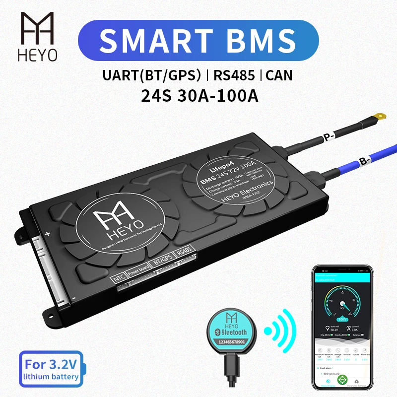 HEYO Smart BMS LiFePO4 24S 72V 30A 40A 60A 80A 100A Bluetooth BT APP GPS UART RS485 CAN USB устройство NTC батарея e