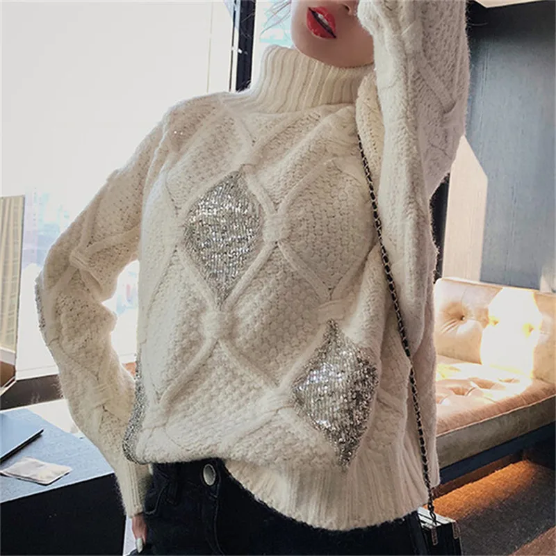 Винтажные свободные вязаные свитера с блестками Женская мода 2022 водолазка