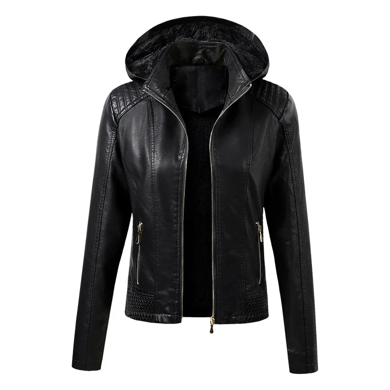 Куртка женская из искусственной кожи короткая с капюшоном и бархатным