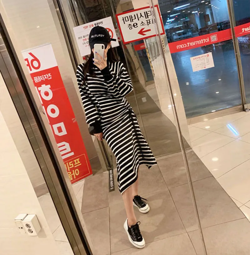 RUGOD Новое Осеннее длинное платье ropa mujer с круглым вырезом, в полоску, на шнуровке, тонкое асимметричное платье, модное женское Повседневное платье в Корейском стиле