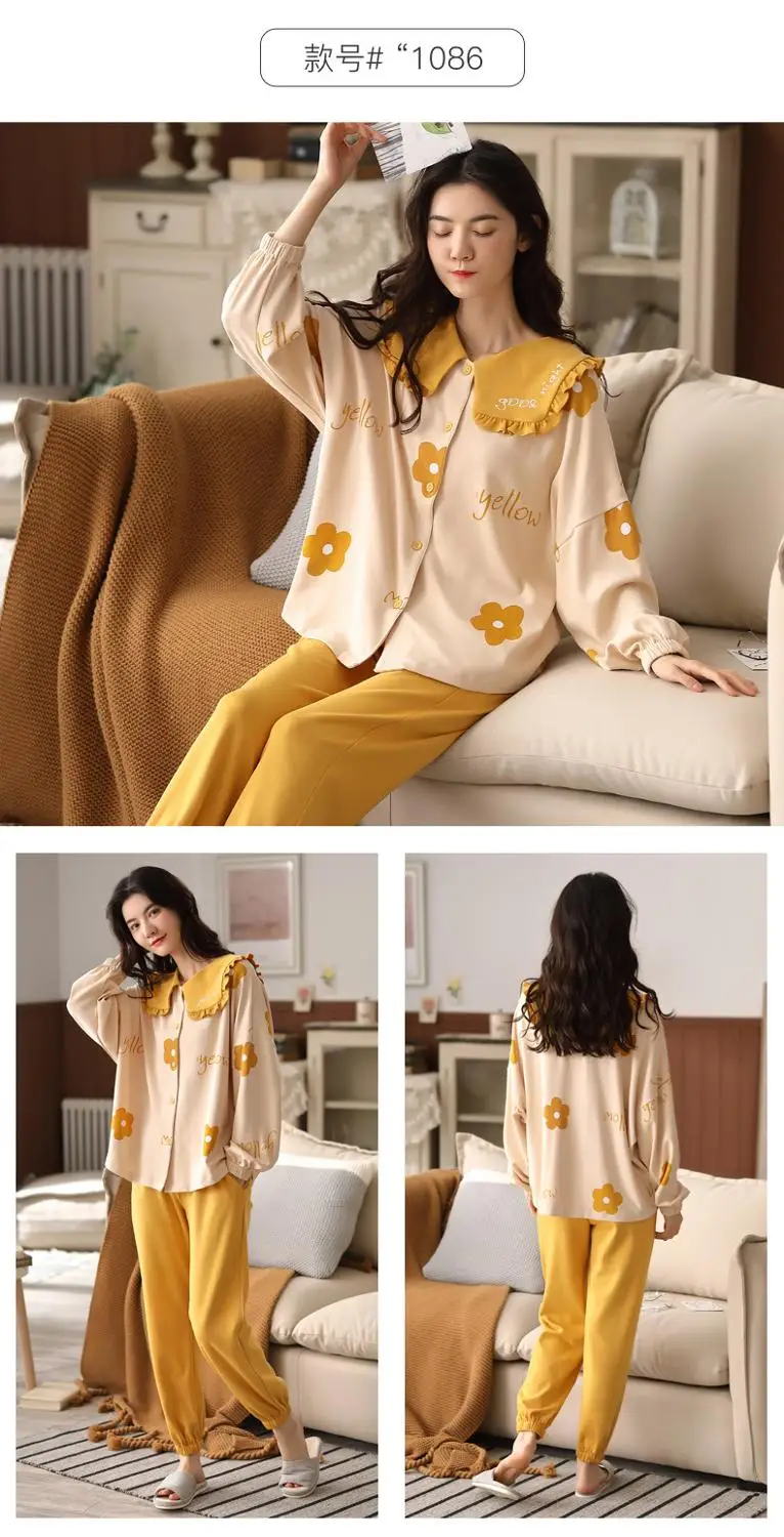 

Fdfklak 2 Pcs/set Women Pajamas Set Autumn Winter Long Sleeve Top Long Pants Casual Comfortable Lady Home Sleepwear Suit
