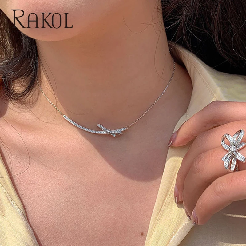 Новинка модное романтичное ожерелье RAKOL с бантом-бабочкой и кулоном из фианита