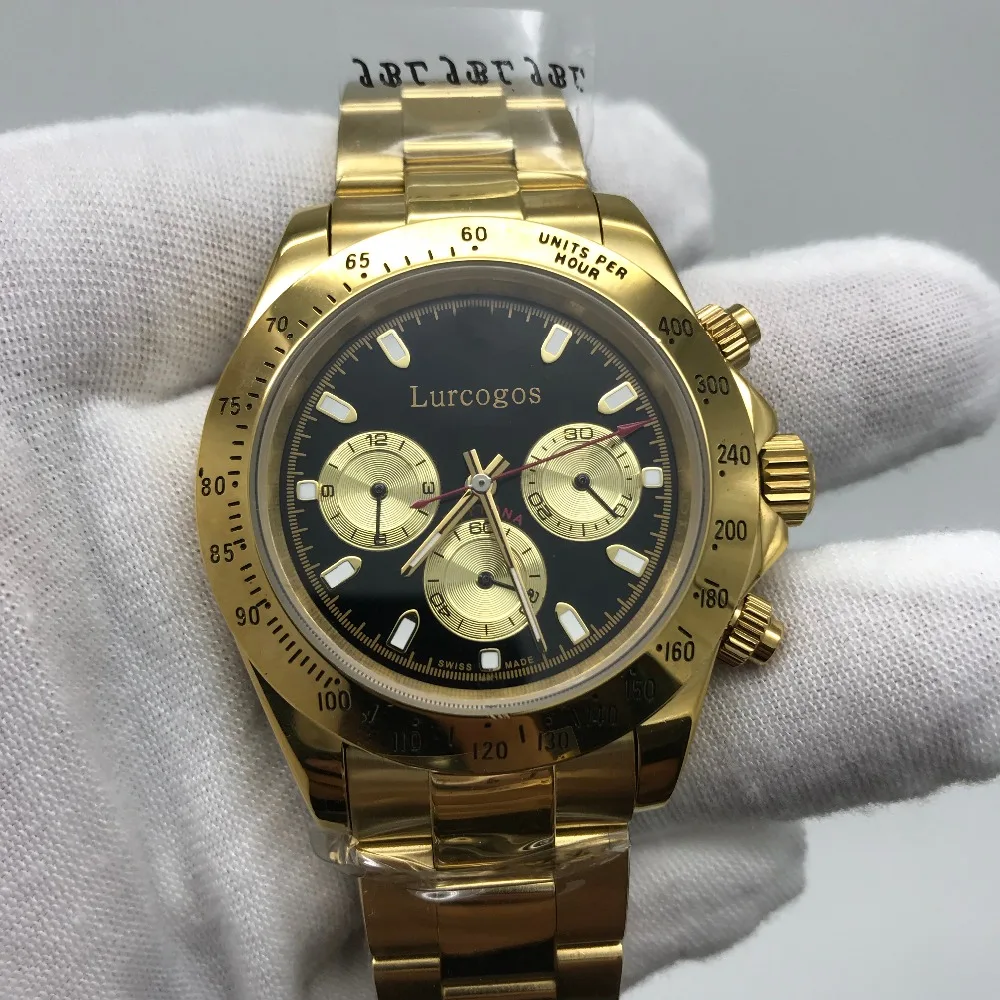Роскошные золотые мужские часы 40 мм Crownon glass полностью небольшие циферблаты