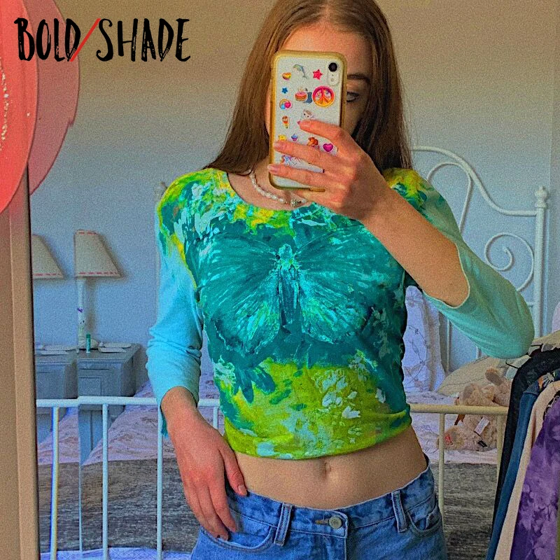 

Bold Shade Indie Aesthetic Tie Dye T-shirts Full Length Sleeve Butterfly Print Bodycon Coloblock T Shirt Y2K Round Neck Baby Tee