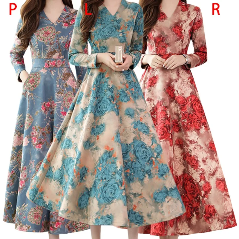 

Women Dresses Ladies Sexy V-neck Long Sleeve Vintage Big Swing Elegant Princess Print Dress Slim Waist Skirt M-XL