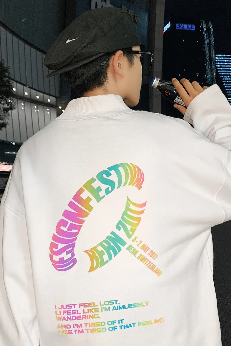 

L Autumn Colorful Reflective Printed Semi-High Collar Hoodie Male