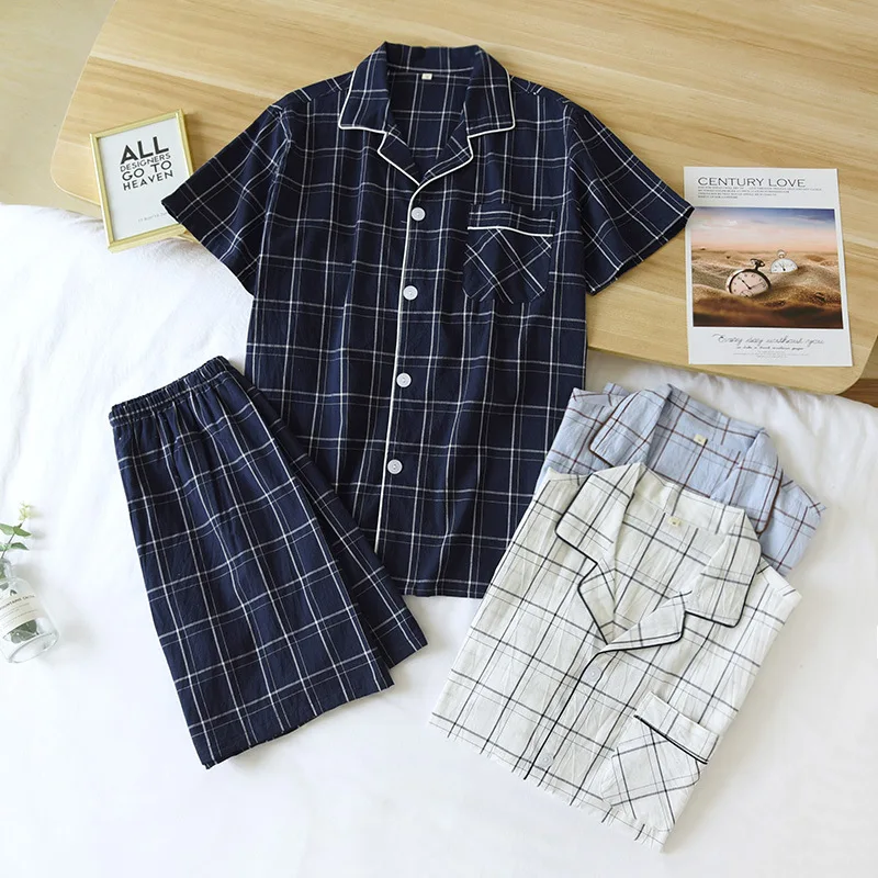 

Men Plaid 2PCS Pajamas Suit Summer New Cotton Sleepwear With Pocket Pyjama Short Sleeve Shirt&Shorts Home Wear Loose Nightwear