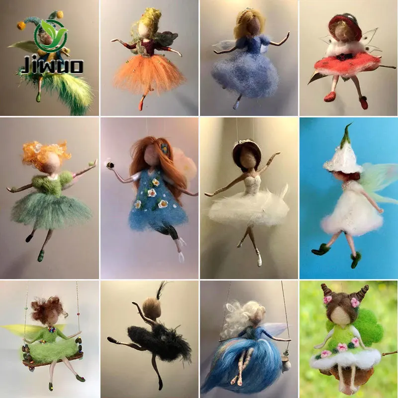 Jiwuo Non finished Women Handmade Pocket Animal Pet Doll Toy Handcraft Fairy Wool Needle Felting Material Bag Kit Hot Sale