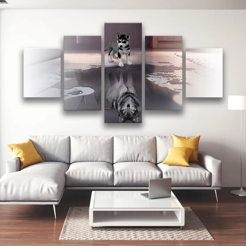 HD Printed Painting Canvas Large Animal Dog Home Decor Wall Art 5 Panel Wolf Modular Pictures For Living Room Poster Framework