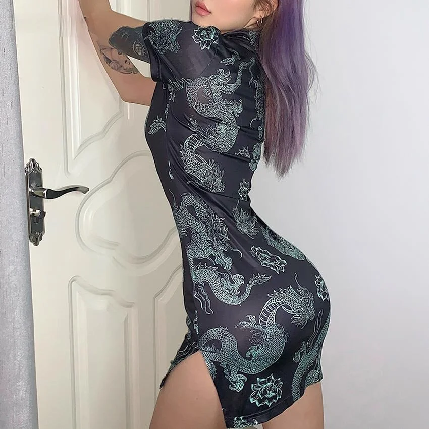 Женское платье-Ципао с коротким рукавом и принтом дракона | Женская одежда