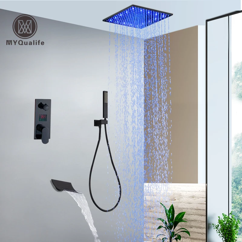 

LED Black Light Shower Faucet Wall Mounted Rainfall Bath Shower Set Concealed Box Single Handle Shower Mixers with Handshower