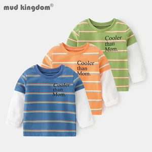 Mudkingdom Boy Stripe T-shirts Patchwork Letter Crew Neck Pull On Pullover Undershirts for Toddler Drop Shoulder Kids Clothes