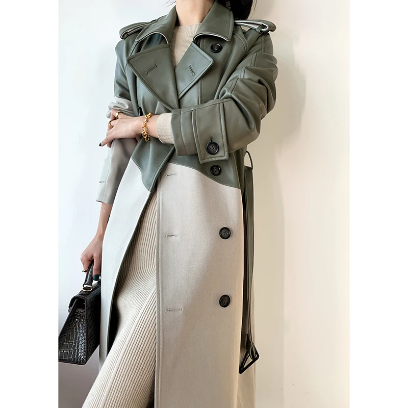 

Женская ветровка весна-осень, длинный тренчкот, женская элегантная куртка контрастных цветов с прострочкой, дизайнерский плащ Дамский