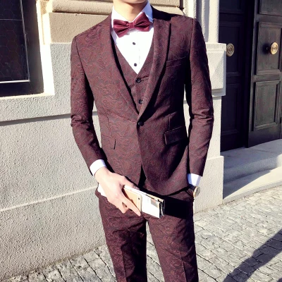 

Мужской костюм из 3 предметов с брюками Homme, Красный жаккардовый приталенный смокинг с цветочным принтом, свадебные костюмы для выпускного в...