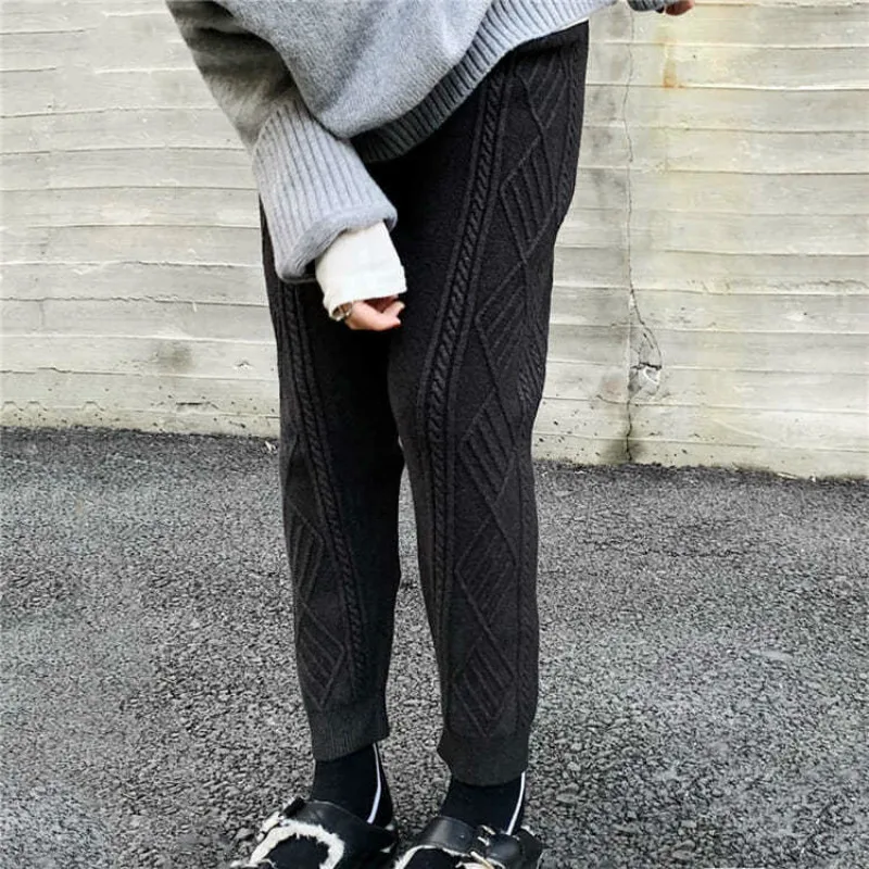 

2021 New Winter Thicken Women Harem Pants Casual Elastic Waist Knitted Pants Korea Chic Warm Soft Female Sweater Trousers Y89