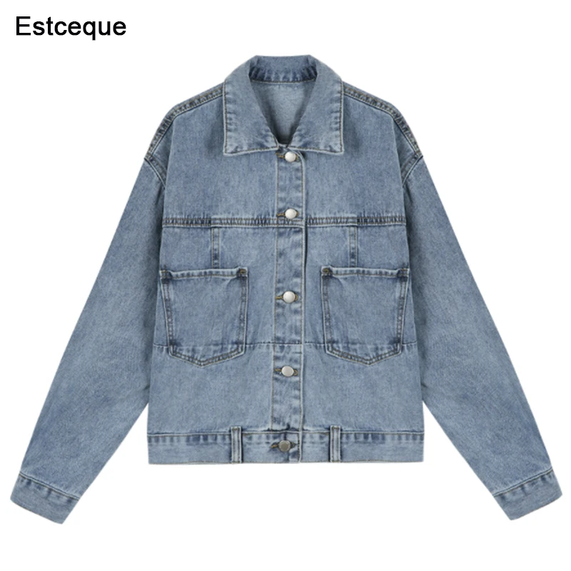 Однотонная джинсовая куртка с отложным воротником для женщин Свободные