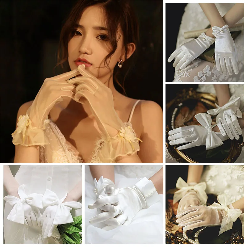 

Lace Floral Gloves Women Lace Mesh Gloves Ladies Tulle White Wrist Gloves Large Bow Knot Marriage Glove Wedding Party Decor