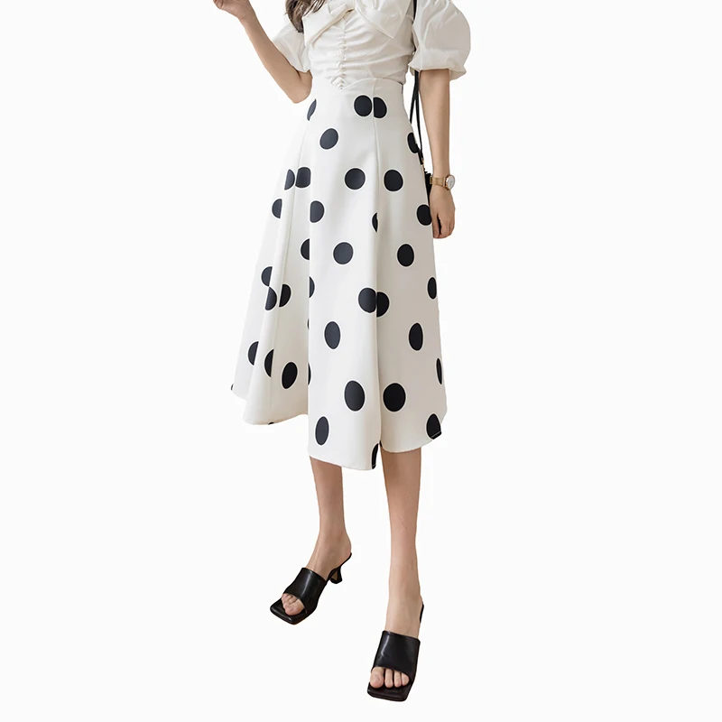 

Real Photo 2021 Summer Polka Dot Skirt Women's High Waist Thin Mid Long Skirt With Retro Temperament Cover