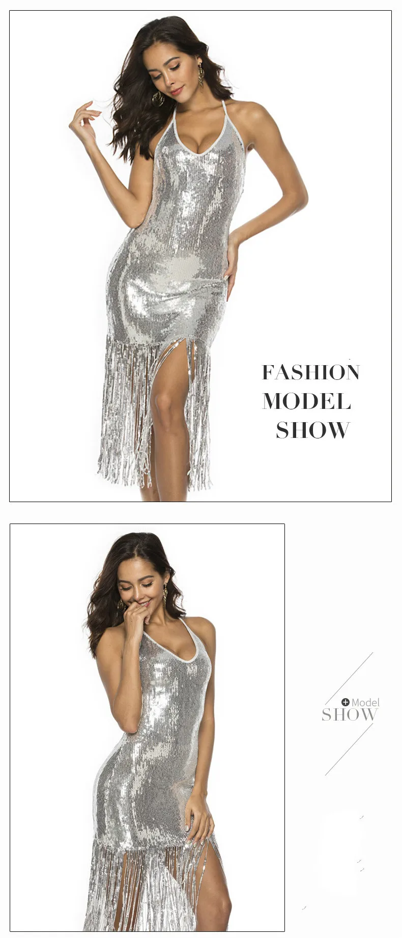 KAUNISSINA Sequin Tassel Cocktail Dresses Sexy Club Wear Party Dress Halter Strap Backless Party Gown Cocktail Dress
