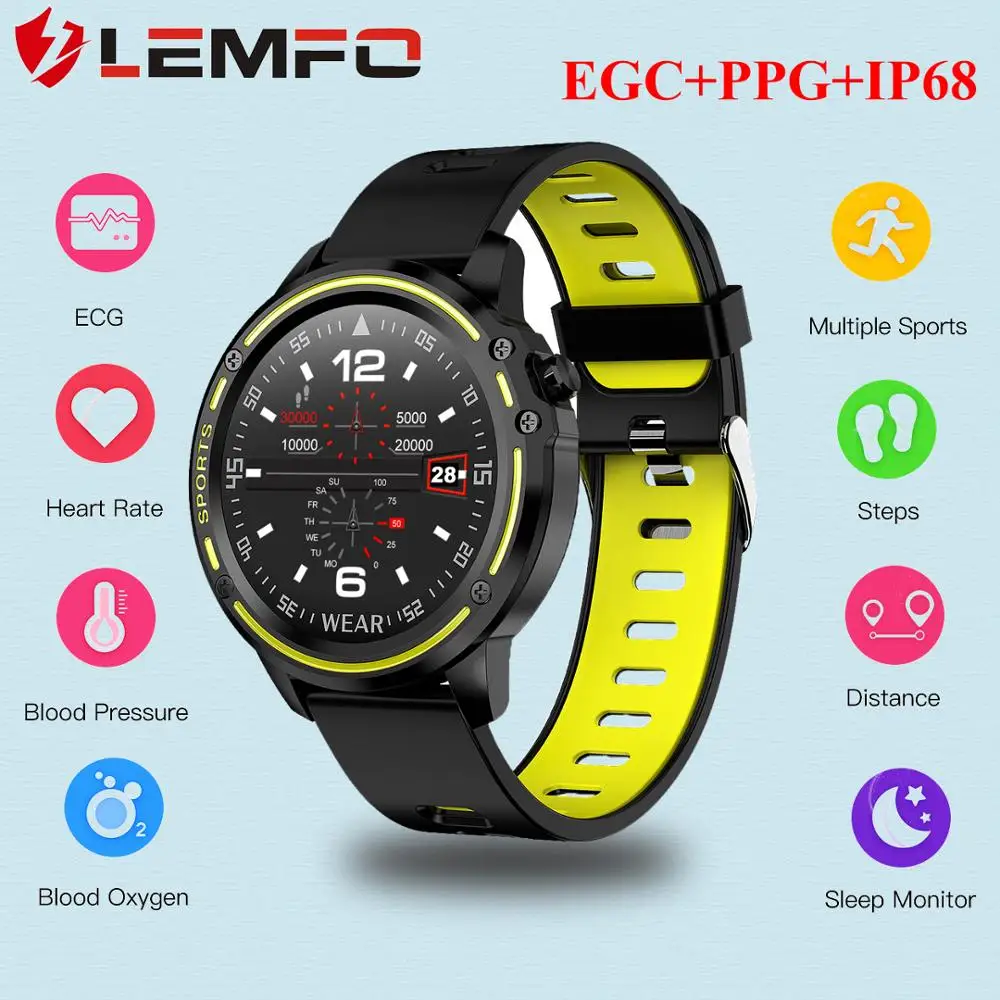 LEMFO Смарт часы для мужчин L8 ECG PPG кровяное давление пульсометр Спорт Фитнес IP68