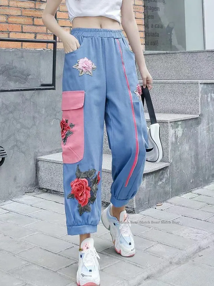 Wide leg pants 2021 summer new Korean version loose large size was thin temperament Chinese style embroidery casual pants women
