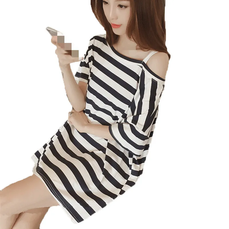 Новинка лета 2019 женское модное платье в полоску с коротким рукавом для сна