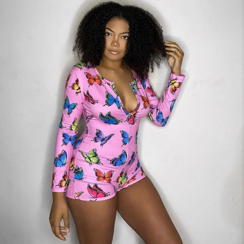 

Coolhappy Sexy Women Deep V-neck Bodycon Jumpsuit Bodysuit Shorts Romper Bodysuit Leotard Long Sleeve Print Button Bodysuit New