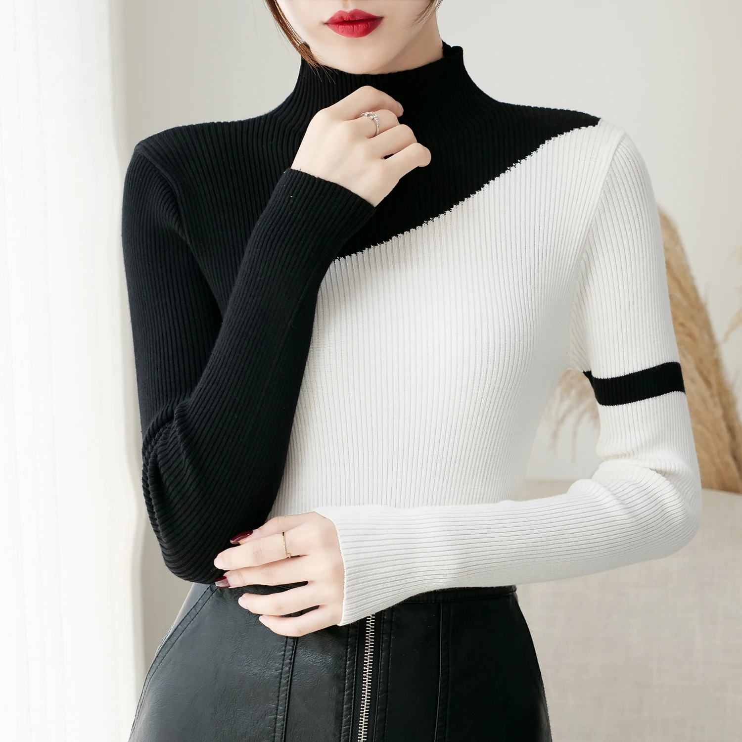 Autumn 2022 Semi-high Collar Knit Sweaters Women Tops Patchwork Bottoming Shirts Slim Winter Clothes Turtleneck 6998 50 | Женская одежда