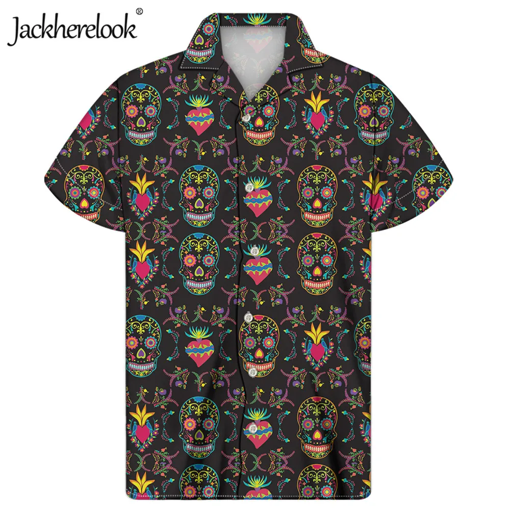 

Jackherelook Cuban Guayabera Men Shirt Sugar Skull Print Hawaiian Tops Shirts Summer Colorful Gothic Clothing Camisas