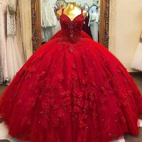 red quinceanera dress ball gown 3d floral flowrs sweet 16 wear long puffy party vestidos de 15 girl debutante gowns