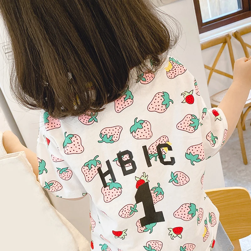 

Fashion Baby Kids Girls T-shirts Casual Strawberry Cartoon Pattern Short Sleeves Round Collar Cotton Summer T-shirt
