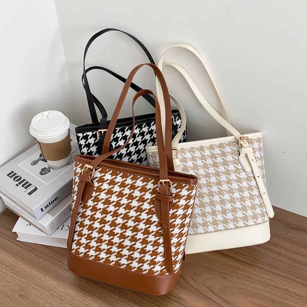

Vintage Plaid Handbags Women Shopping Daily Totes PU Leather Female Girls Travel Simple Bucket Shoulder Bags