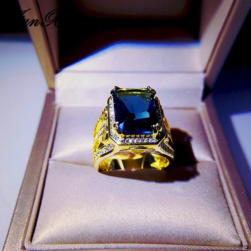 Luxury Geometric Square Crystal Yellow Gold Rings For Women Men Big Blue Stone Wedding Bands Engagement Ring Promise Jewelry CZ | Украшения