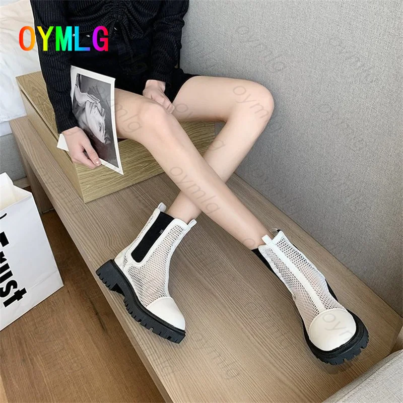 2021 new mesh soft leather sandals women retro Martin boots thick-soled Chelsea boots wild hollow women's shoes sandals