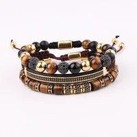 high quality men jewelry gold stainless steel bangle natural stone beaded macrame bracelet set