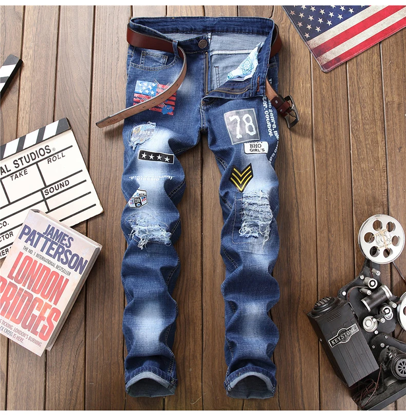 Мужские джинсы с нашивками в виде американского флага Синие рваные дырками