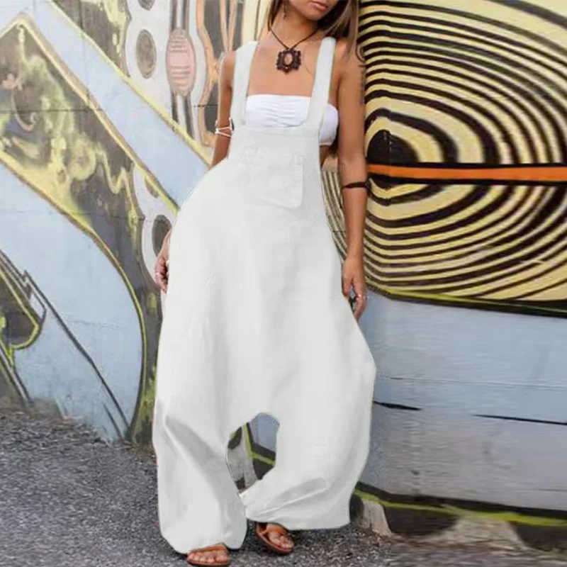 

Women Vintage Off Shoulder Backless Romper 2021 Summer Casual Solid Cargo Pants Overalls Playsuit Ladies Cotton Linen Jumpsuits