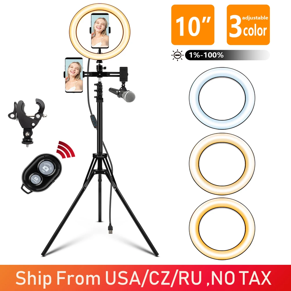 10 дюймовый кольцевой светильник со штативом и держателем для телефона кольцевая
