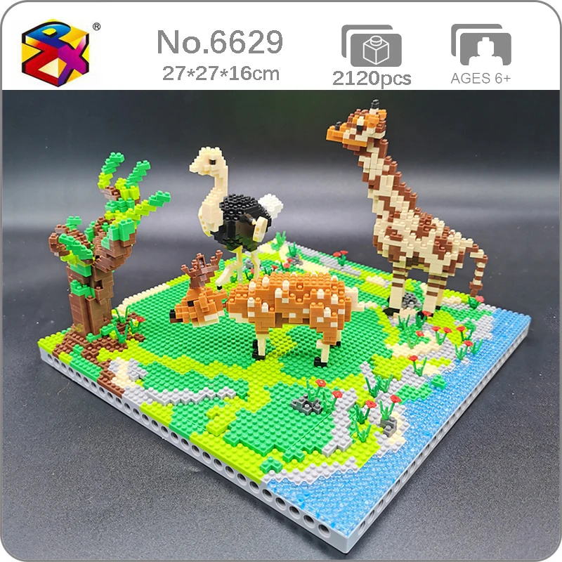 

PZX 6629 строительные блоки с животными мир Жираф Олень Страус птица цветок река модели мини алмазные блоки игрушка для детей подарок для детей