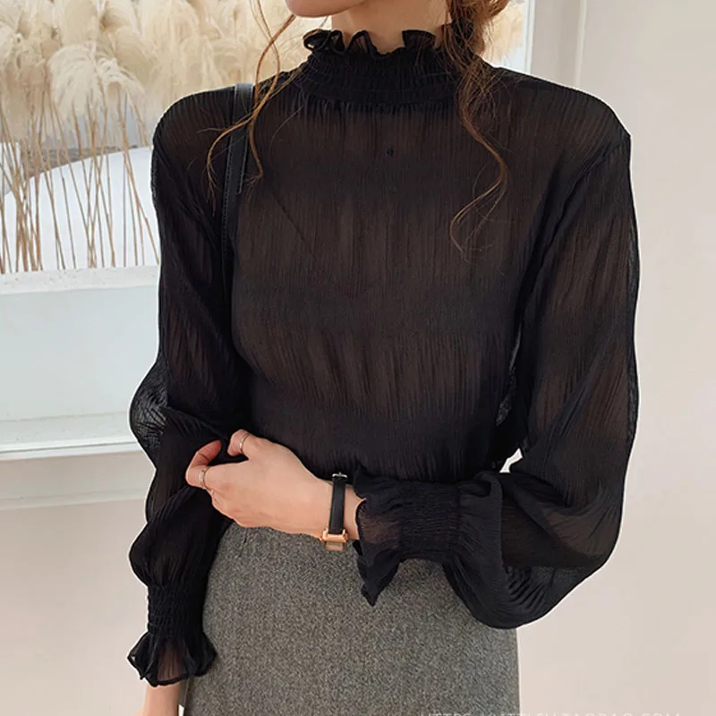 2021 spring new pleated women shirts fashion office lady chiffon blouse women stand collar flare sleeve solid female tops 9542 free global shipping