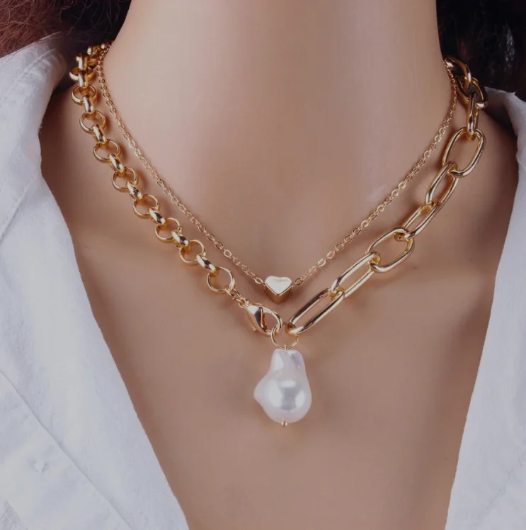 YLWHJJ Brand Fashion 2 Layers Pearls Geometric Pendants Necklaces For Women Gold Metal Snake Chain Necklace Design Jewelry | Украшения и