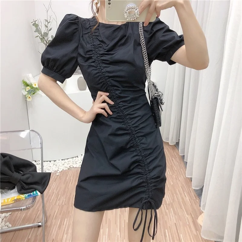 

Korejepo Women Dress 2021 Summer Retro Drawstring Folds Slimming Waist O-neck Puff Sleeve Korean Style Temperament A-line Dress