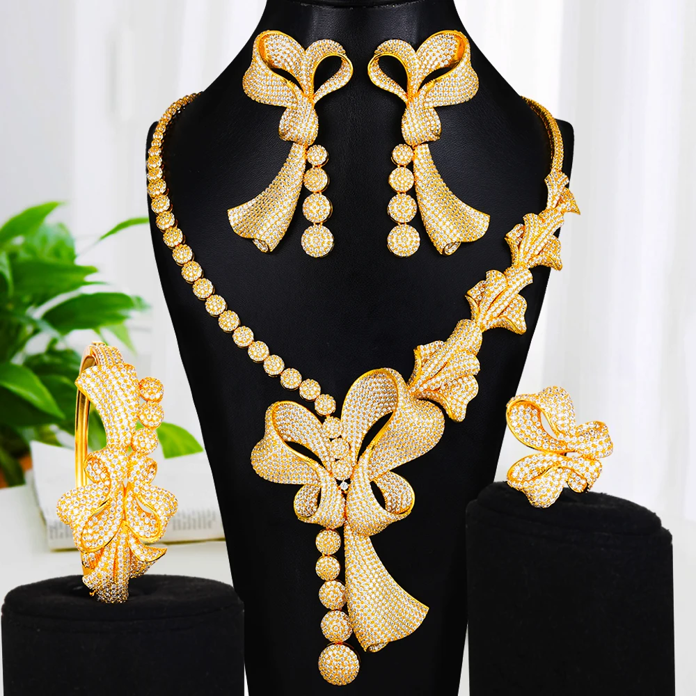 

missvikki Luxury Dubai 4PCS Bowknot Jewelry Sets Necklace Bangle Earrings Ring Noble Fashion Bridal Jewellery Set Cubic Zircon