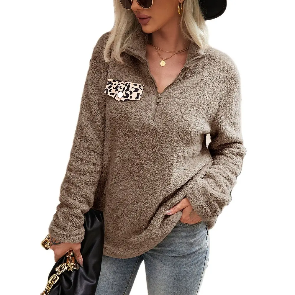 

Autumn And Winter 2021 New Women's Stand Collar Zipper Plush Jacket Leopard Stitched Loose Plush Sweater