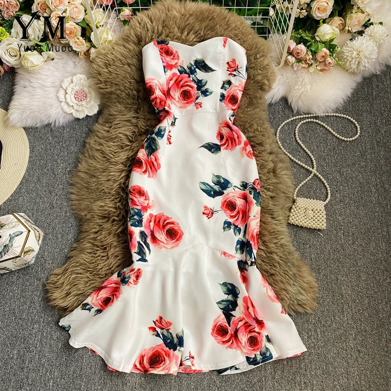 

Женское платье без бретелек YuooMuoo, летнее платье с цветочным принтом, с открытыми плечами и юбкой годе, 2021