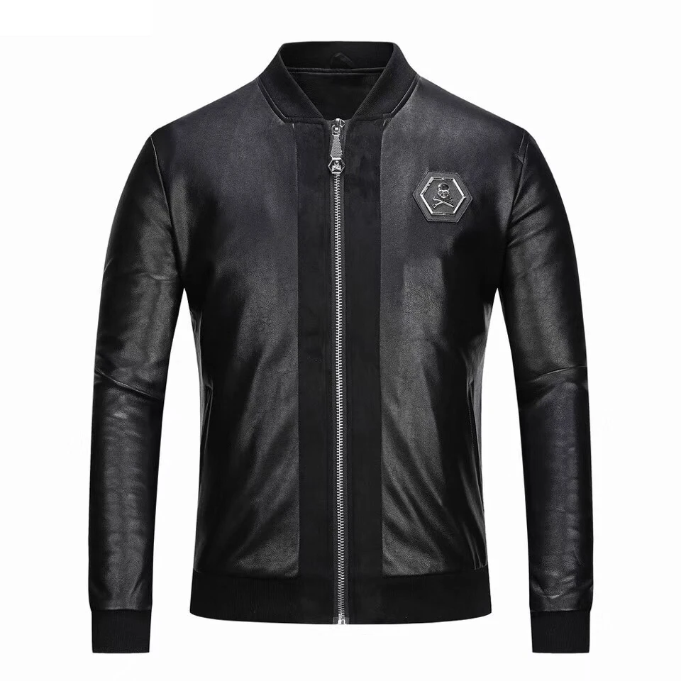

European 2022 Style black plein mens Badge denim jacket brand luxury Outerwear & Coats black pu leather slim jacket for men